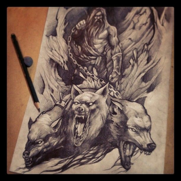 a drawing of an angel riding on the back of three wolfs