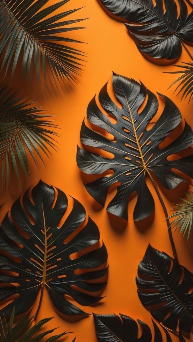 an orange background with black and green tropical leaves on the bottom right corner is a yellow wall