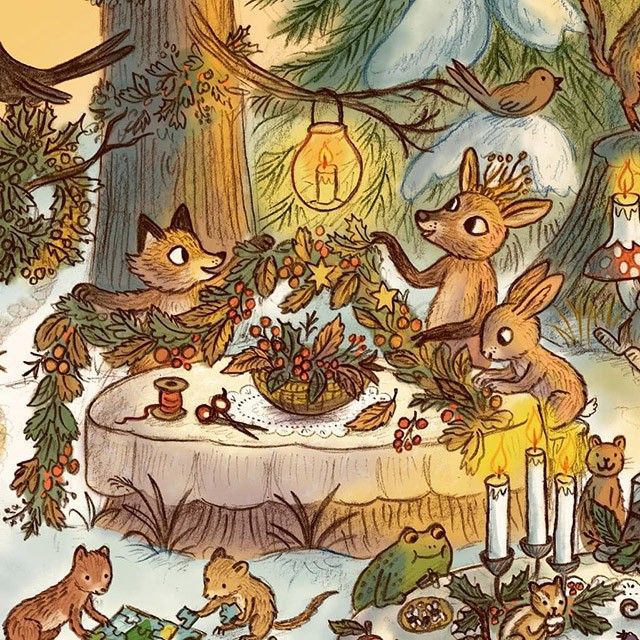 a painting of some animals around a table