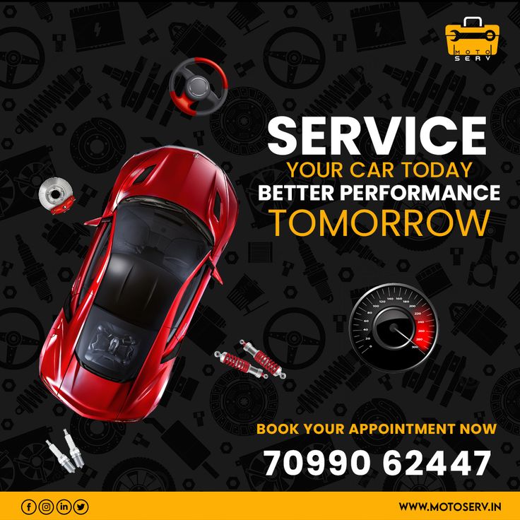 a red car is shown with the words service your car today, better performance tomorrow