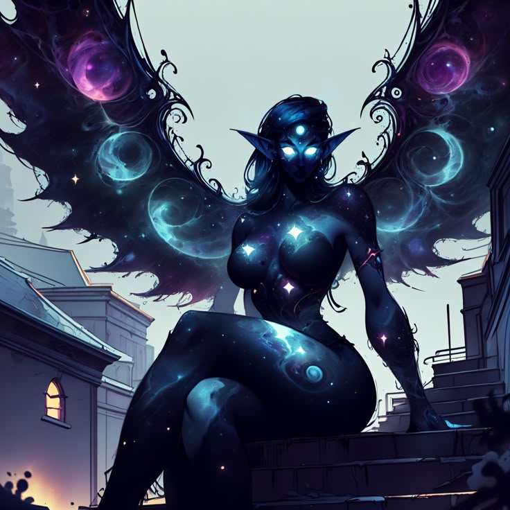 an image of a woman with wings on her body sitting in front of some buildings