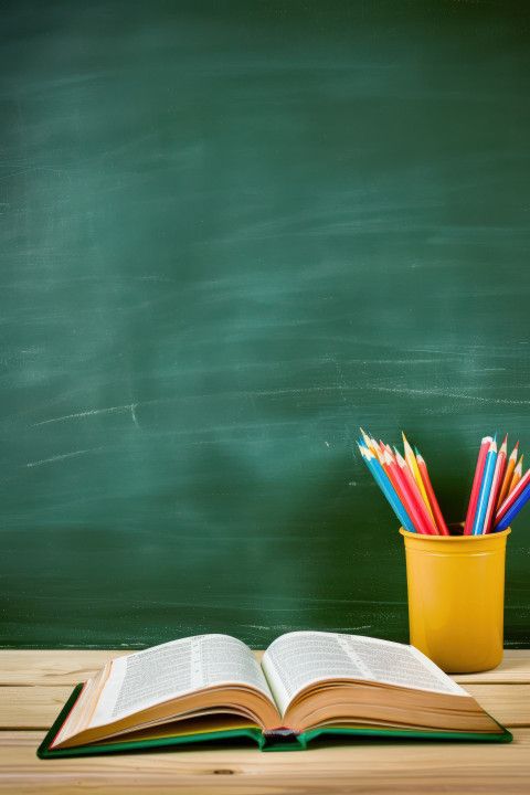 an open book sitting on top of a wooden table next to a cup filled with pencils