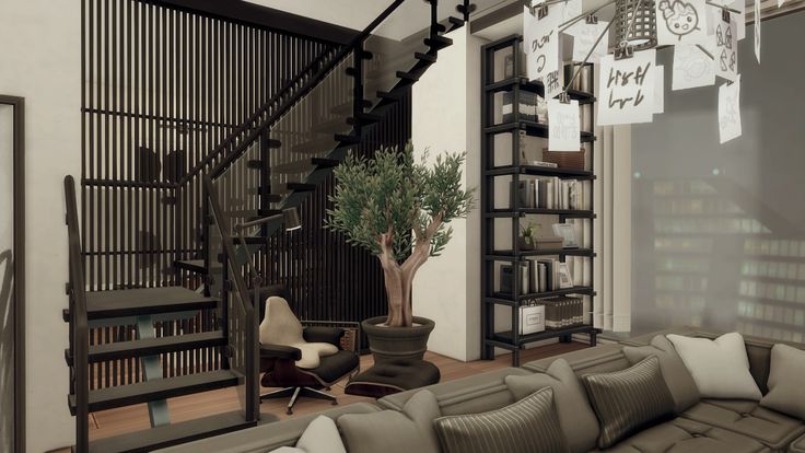 a living room filled with lots of furniture and bookshelves next to a stair case