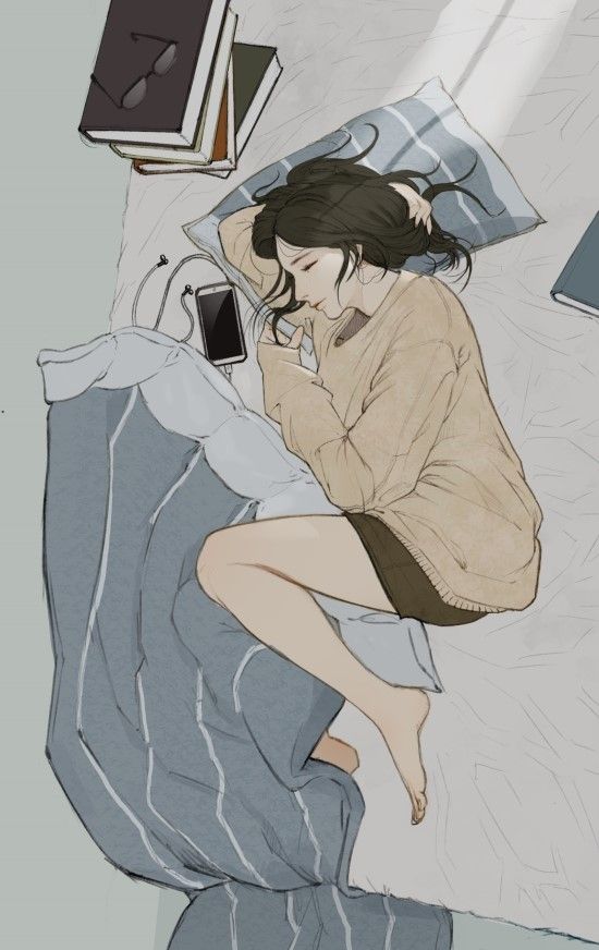 a drawing of a woman laying in bed with her cell phone up to her ear