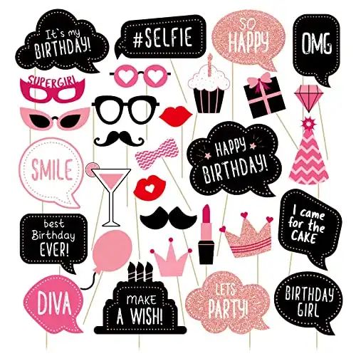 pink and black birthday photo booth props