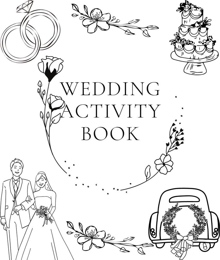 the wedding activity book is shown in black and white, with an image of a bride and