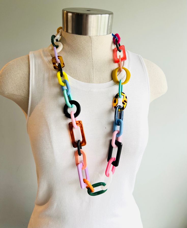 Rainbow Statement Necklace Colorful Acrylic Chain Necklace Long Chain Necklace Chunky Chain Necklace Chunky Link Necklace Sweater Necklace - Etsy Acrylic Chain Necklace, Trendy Beach Necklace With Chain, Trendy Chain Necklace For The Beach, Trendy Chain Necklace For Beach, Bohemian Chain Necklace For Vacation, Multicolor Long Chain Necklace, Trendy Long Beach Necklaces, Trendy Yellow Chain Necklace, Trendy Summer Chain Necklace With Adjustable Chain