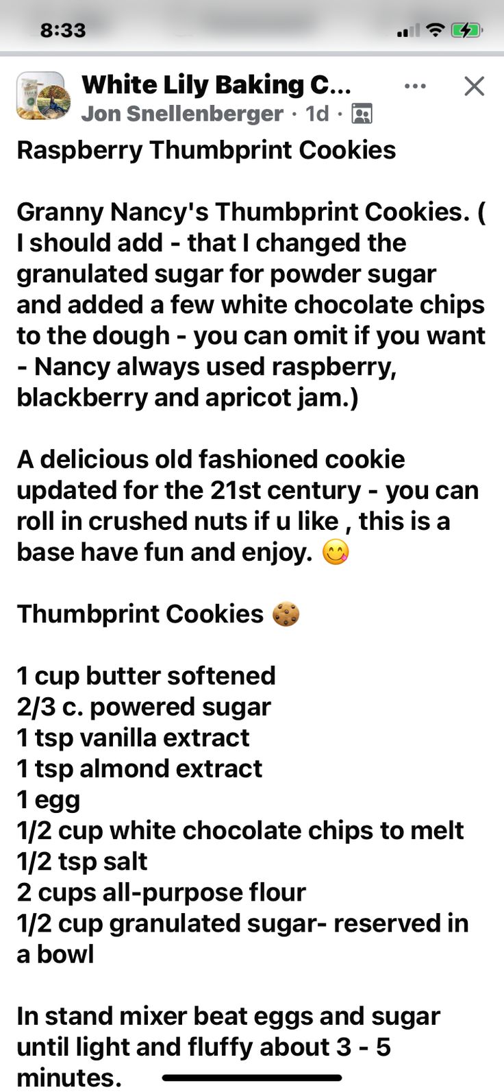 an iphone screen showing the recipe for white lily baking cookies, which is on display