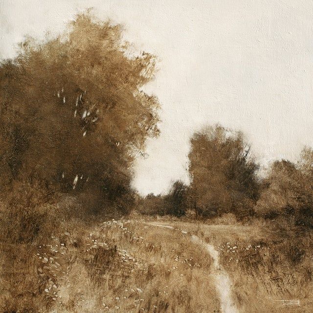 a painting of a dirt road in the middle of a field with trees on both sides