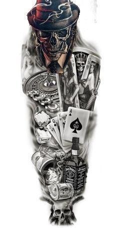 a man with tattoos on his arm holding playing cards