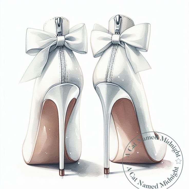 a pair of white high heeled shoes with a bow