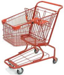 an orange shopping cart with two baskets on the front and one basket in the back