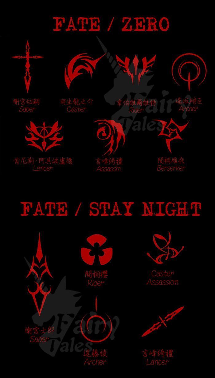 the poster for fate / zero is shown in red and black, with different symbols on it