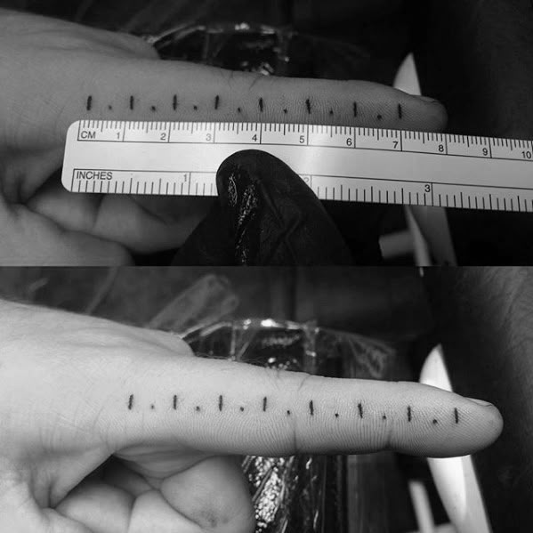 a person with a tattoo on their left hand holding a measuring tape and another photo of someone's finger