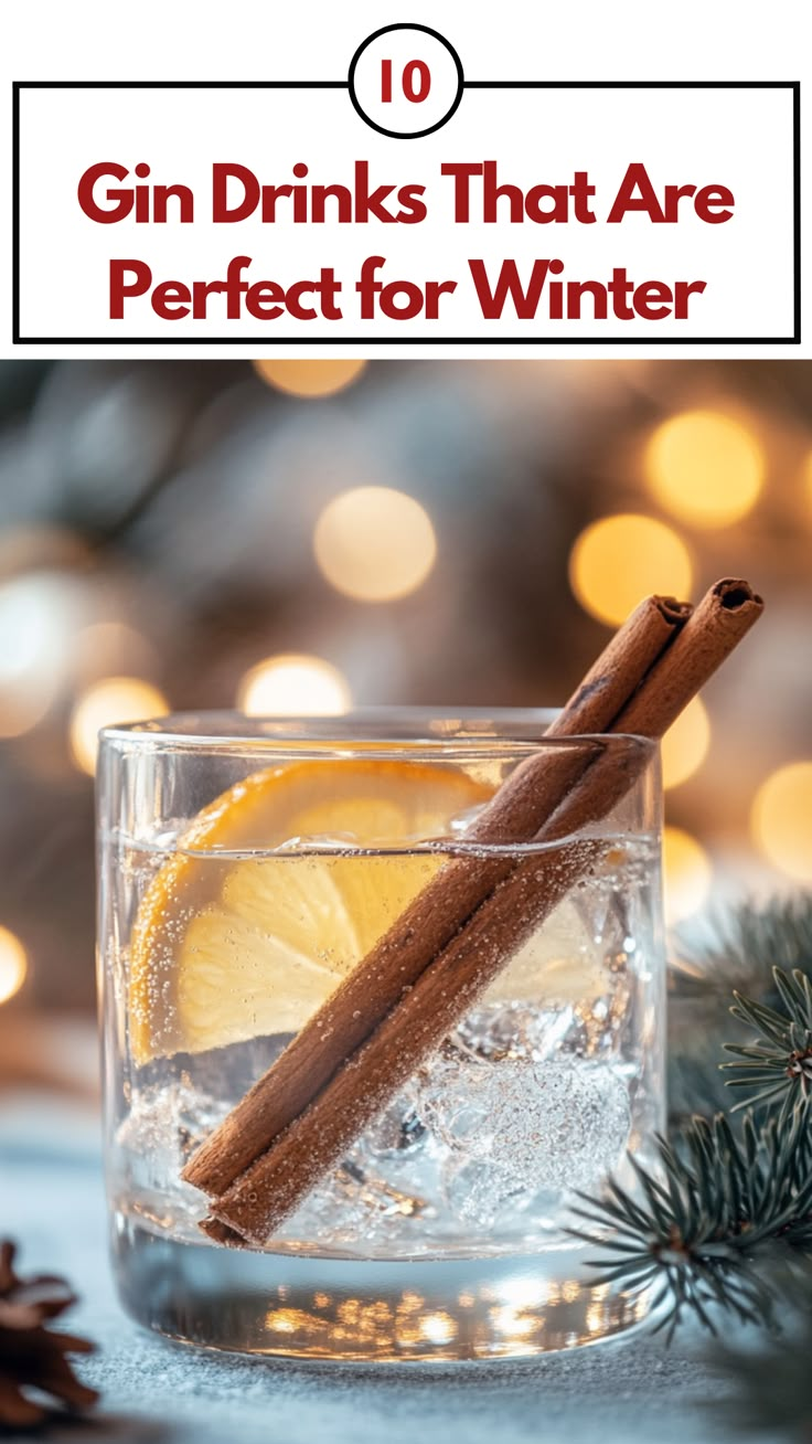 A glass of winter-themed gin cocktail garnished with cinnamon sticks and a slice of orange, set on a cozy table with holiday decor in the background. Holiday Drinks With Gin, Cocktails For Cold Weather, Best Gin Drinks, Holiday Gin Drinks, Gin Cocktails Winter, Christmas Gin Cocktails Recipes, Gin Winter Cocktails, Christmas Gin Drinks, Gin Holiday Cocktail