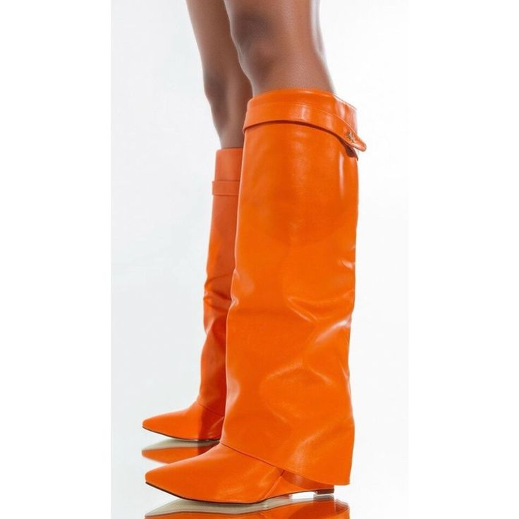 Reposhing This Item I Purchased From @Calimondi. Loved It, But Ready To Rotate For Something New. Questions? Leave A Comment Below! Azalea Wang Boots, Aw Logo, Orange Boots, Boot Outfits, Orange Wedges, Knee Length Boots, Azalea Wang, Hot Boots, Stuck On You