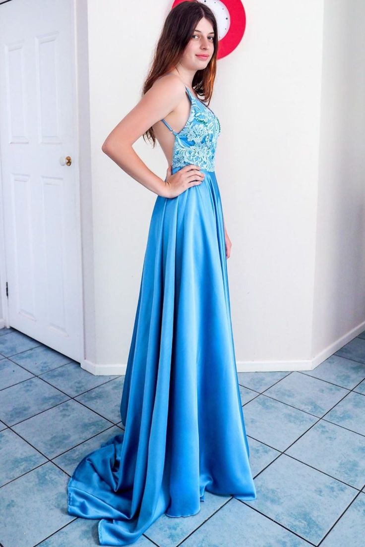 2020 blue long prom dress with lace appliques top, spaghetti straps and open back  #promdress #promdressblue #promdresslong #promdress2020 #promdressbackless Blue Lace Prom Dress, Ice Dresses, Formal Evening Dress, Backless Prom Dresses, Long Prom Dresses, Dresses 2020, Formal Gown, Prom Dresses Lace, Prom Dresses Blue