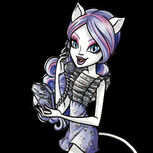 a drawing of a cat girl with blue eyes and purple hair, holding a cell phone to her ear