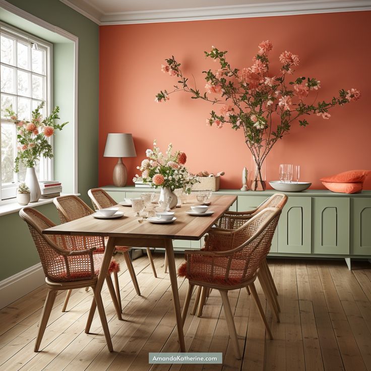 a dining room with orange walls and wooden floors