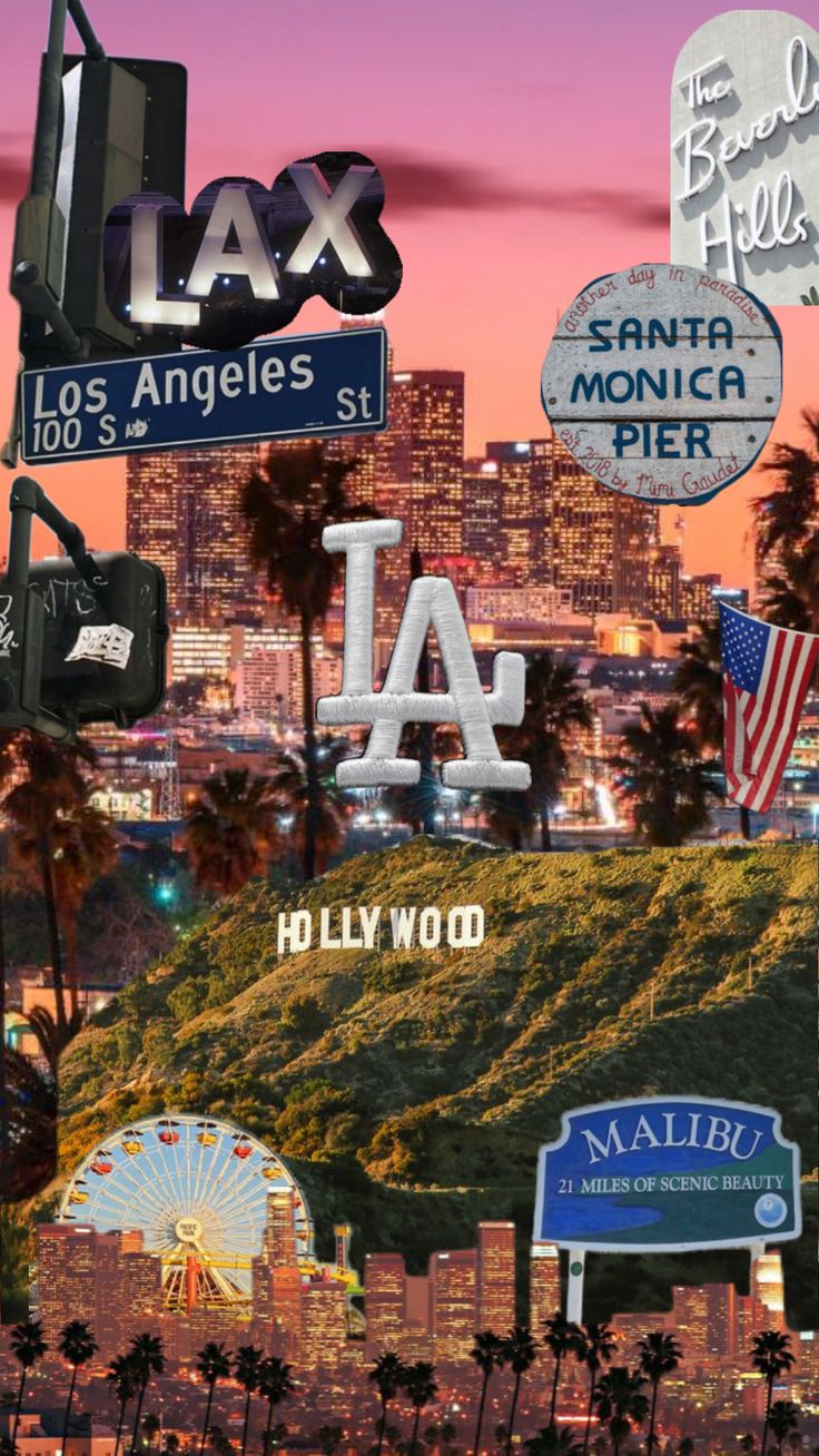 a collage of various street signs in front of a cityscape