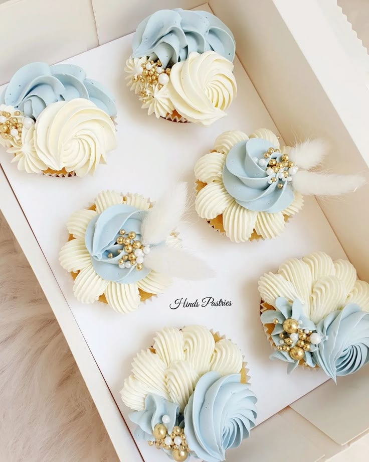 blue and white cupcakes in a box with feathers