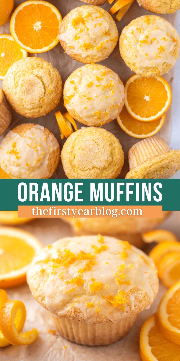 orange muffins with icing and sliced oranges in the background