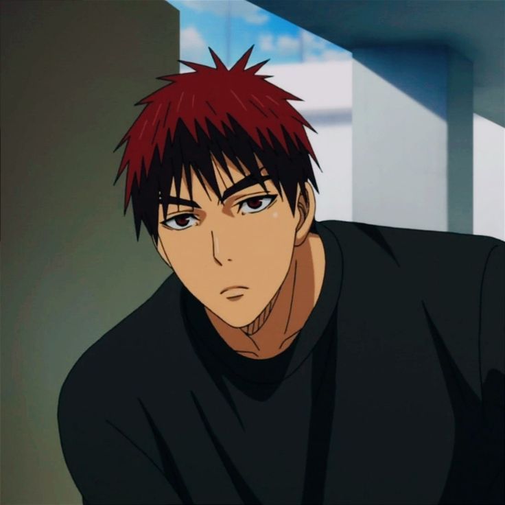 an anime character with red hair and black shirt