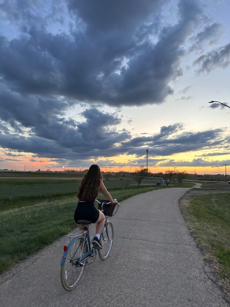 Sunset 
Bike ride
Bike
Summer 
Night Pendleton Bike, Aesthetic Bike Ride, Canada Sunset, Biking Aesthetic, Summer Bike Ride, Country Girl Aesthetic, Aesthetic Bike, Night Bike Ride, Summer Bike