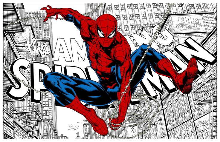 spider - man is flying through the air in front of a large cityscape