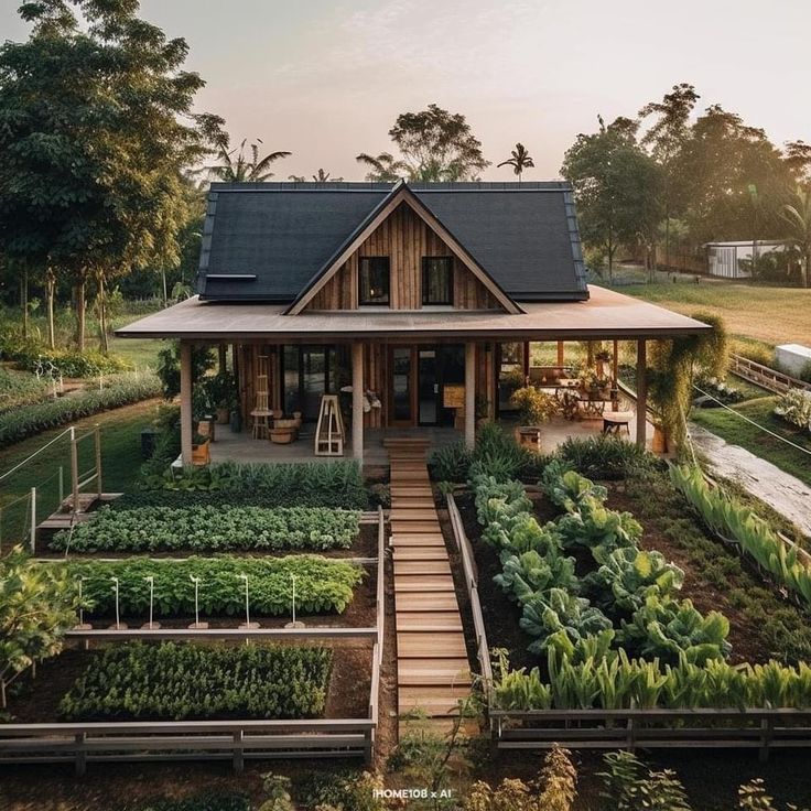 a small house with lots of plants in the front yard and stairs leading up to it