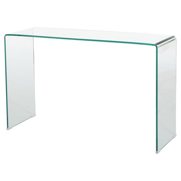 a clear glass desk with a curved edge