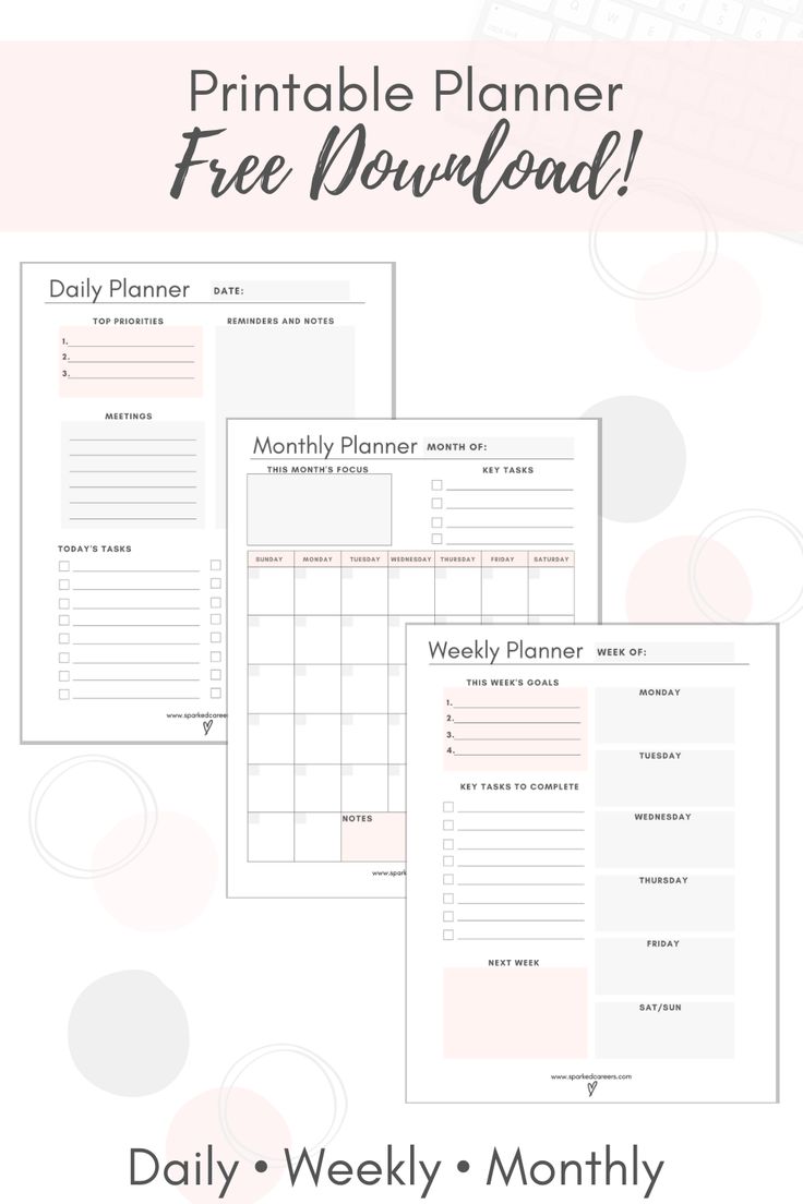 the printable planner is shown in three different colors and sizes, with text overlaying it