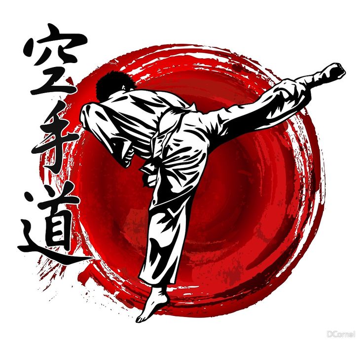 a man doing karate in front of a red circle poster