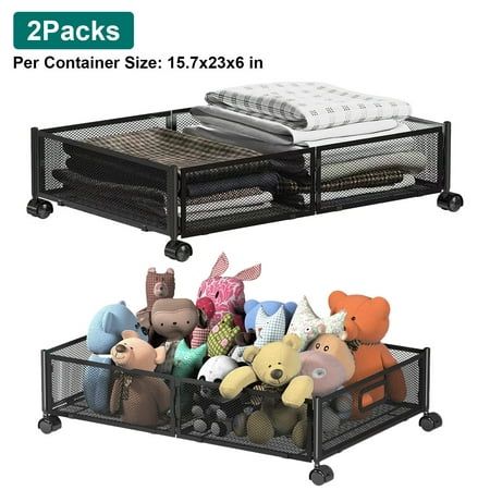 two tiered storage bins with stuffed animals in them