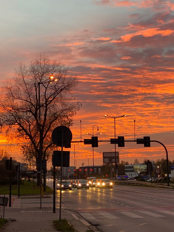 the sun is setting over a city street with traffic lights and trees on both sides