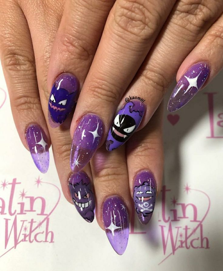 Nails 2023 Art, Yugioh Nails, Nail Art Designs Anime, Pokemon Nails Gengar, Cute Pokemon Nails, Vaporwave Nails, Nail Art Cute Kawaii, Gengar Nails, Goth Nail Ideas