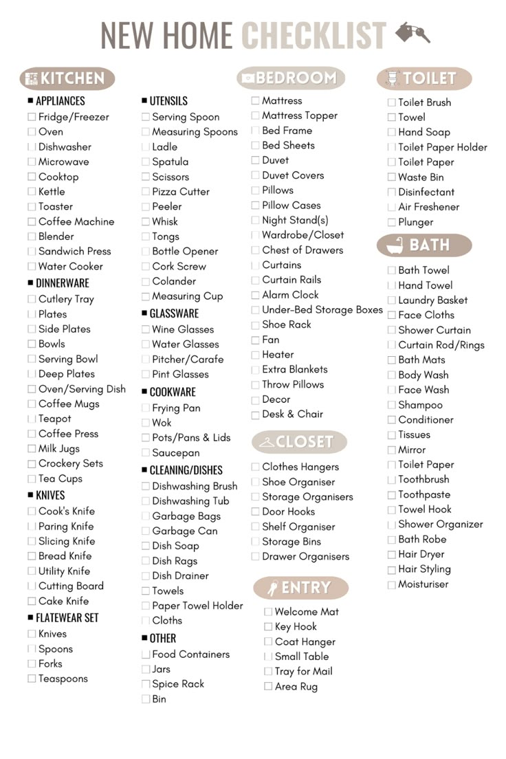 a printable new home checklist with the words,'new home checklist '