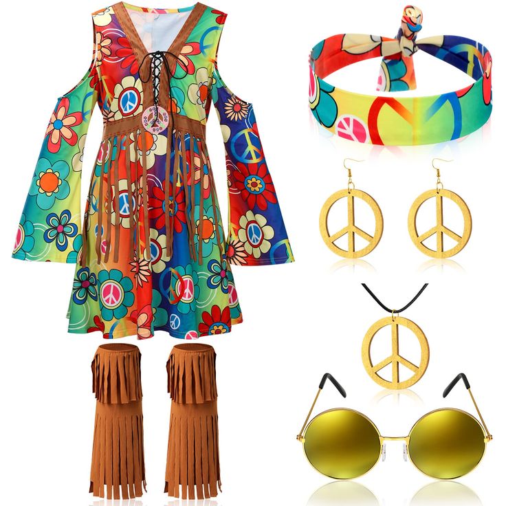 an assortment of clothing and accessories including sunglasses, bracelets and headband with peace signs on them