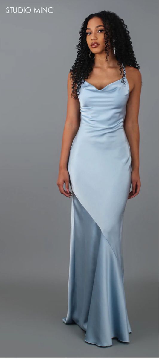 Evening Dresses Baby Blue, Cowl Prom Dress, Prom Dress Blue Light, Pale Blue Formal Dress, Baby Blue Dresses Formal, Serene Outfit, Silk Light Blue Dress, Prom Dresses Baby Blue, Blue Satin Formal Dress