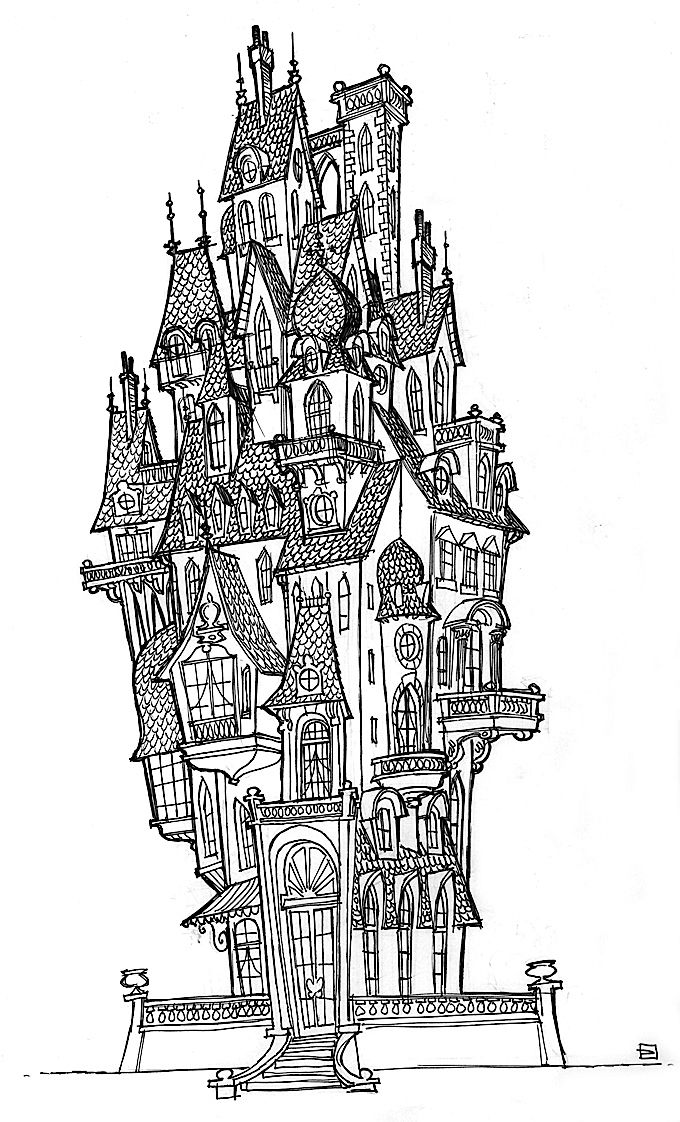 a black and white drawing of a castle