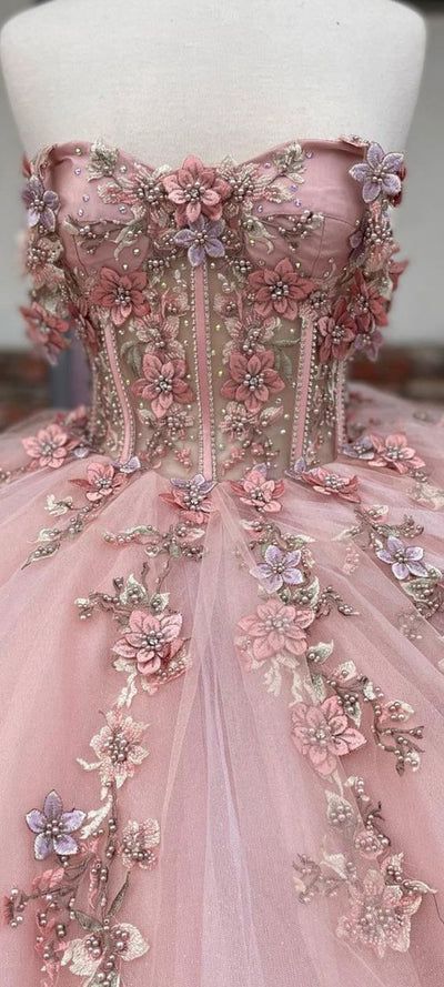 Off the Shoulder Lavender Sequin 3D Floral Quinceanera Dresses | KissProm Prom Dress Enchanted Theme, Enchanted Forest Dresses Prom, Enchanted Theme Dresses, Quinceanera Dresses Pink Princesses, Princess Sweet 16 Dress, Pink Quince Dresses Elegant, Whimsical Quinceanera Dress, Pink Butterfly Prom Dress, Pink Enchanted Dress