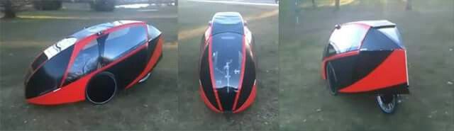 three different views of a red and black car on the ground, one is upside down