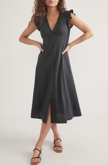 Ruffles at the sleeves and buttons at the front add charming details to a breezy, woven A-line midi dress that's smocked at the back waist. Front button closure; hook-and-eye closure Deep V-neck Cap sleeves 54% hemp, 44% Tencel® lyocell, 2% spandex Tencel lyocell is a sustainably produced fiber made with closed-loop processing Machine wash, tumble dry Imported Icon Clothing, Obey Clothing, Marine Layer, Casual Accessories, Dress Romper, Black Midi Dress, Nordstrom Dresses, Flutter Sleeve, Midi Length