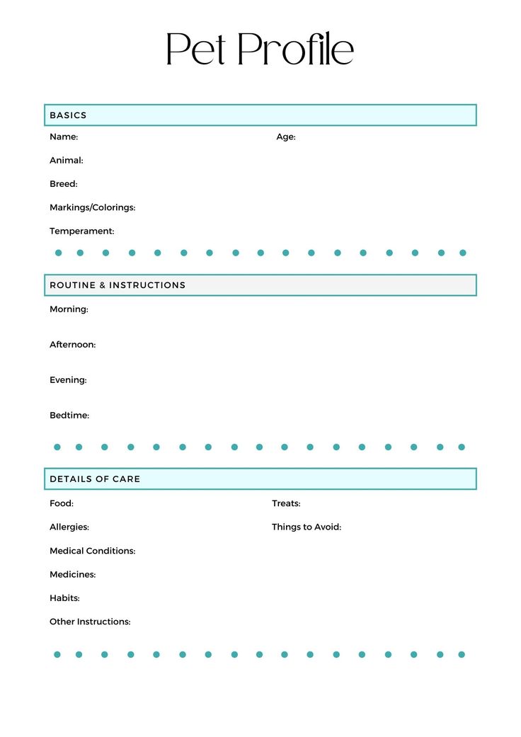 a pet profile sheet with the words pet profile on it