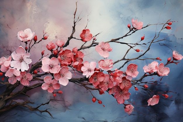 a painting of pink flowers on a tree branch