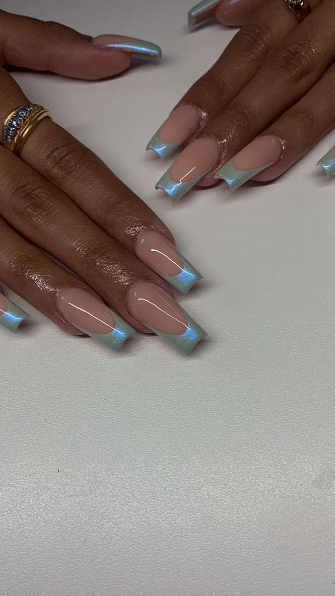 Iridescent French Tips, Blue Chrome French Nails, Blue December Nails, Blue Iridescent Nails, Blue Chrome French Tip Nails, Iridescent French Tip Nails, French Nails Chrome, Blue Chrome Nails Designs, Chrome Nails French Tip