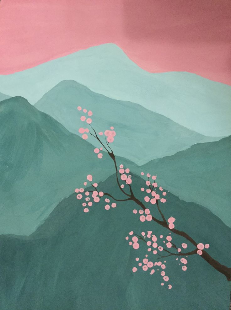 a painting of a tree with pink flowers in the foreground and mountains in the background