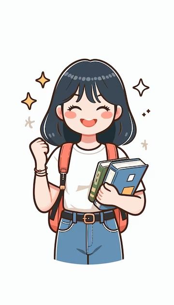 a girl holding a book in her hand and smiling at the camera with stars around her