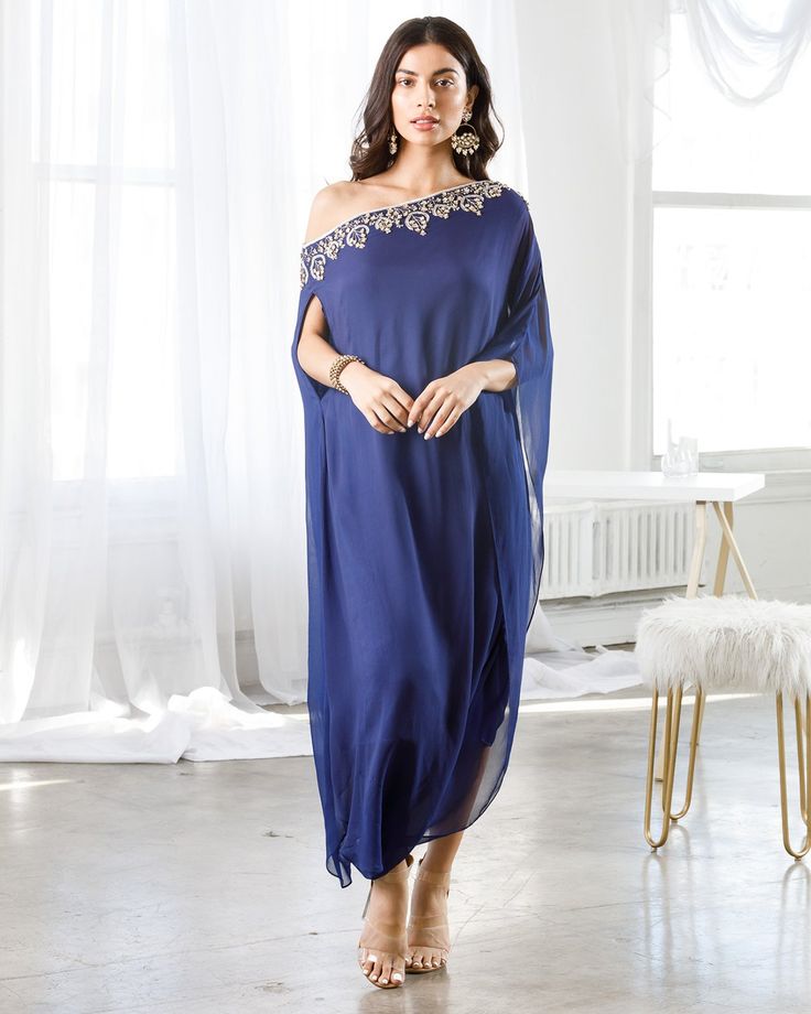 Off Shoulder Kaftan Pattern, One Shoulder Kaftan Dress Indian, Indian Kaftan Dress, Off Shoulder Kaftan Dress, Off Shoulder Indian Outfit, Stylish Kaftan Dresses, Drape Kurti, One Shoulder Kaftan Dress, Off Shoulder Kaftan