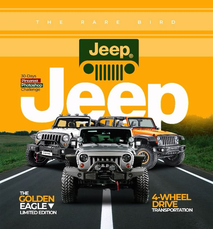 the front cover of jeep magazine with three jeeps driving down the road and an orange background